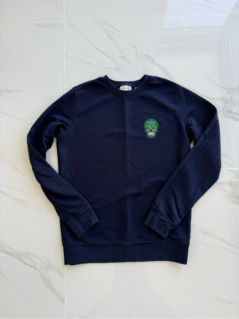 Men's Navy Crewneck Sweater with Green Skull Patch